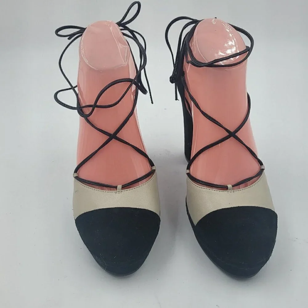 NEW Bettye Muller Madison Suede Platform Pump Natural & Black Women's Size 8M